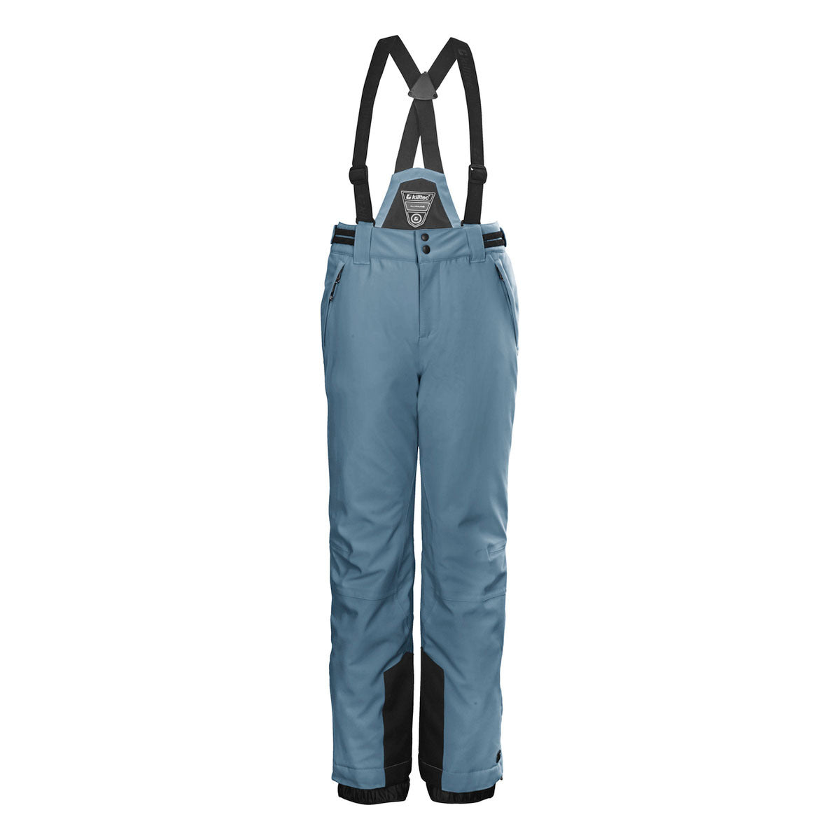 Killtec Girls Functional Bib Pant 2025 - A pair of light blue snow pants with black accents and adjustable suspenders.