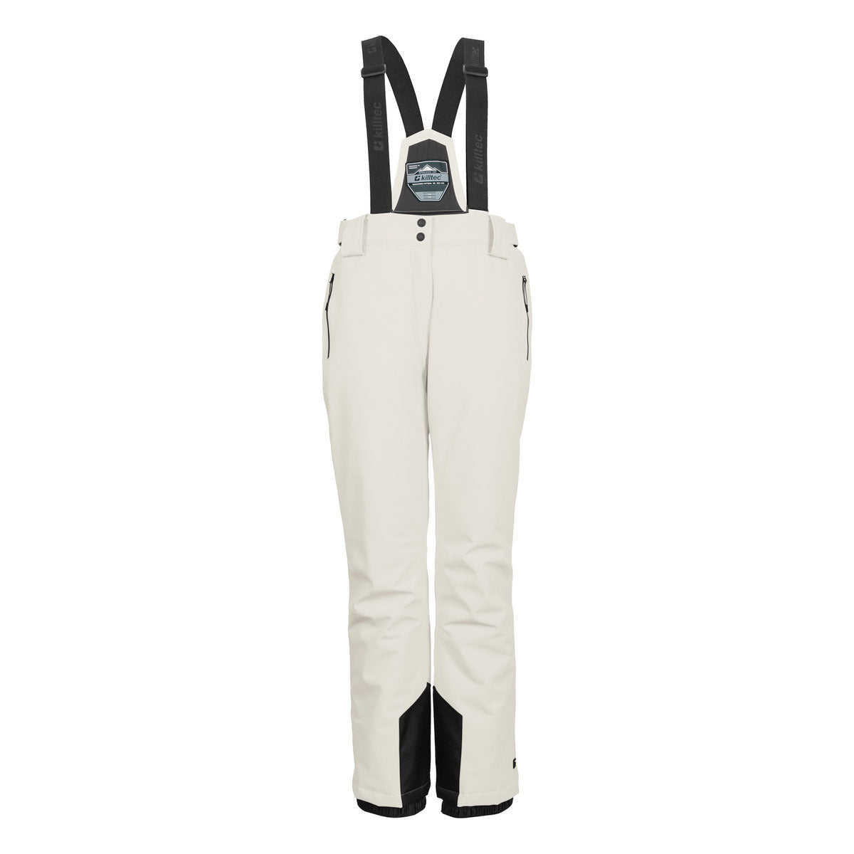 Killtec Women's Erielle Detachable Suspender Pant 2025 - Beige snow pants with black detachable suspenders and zippered pockets.