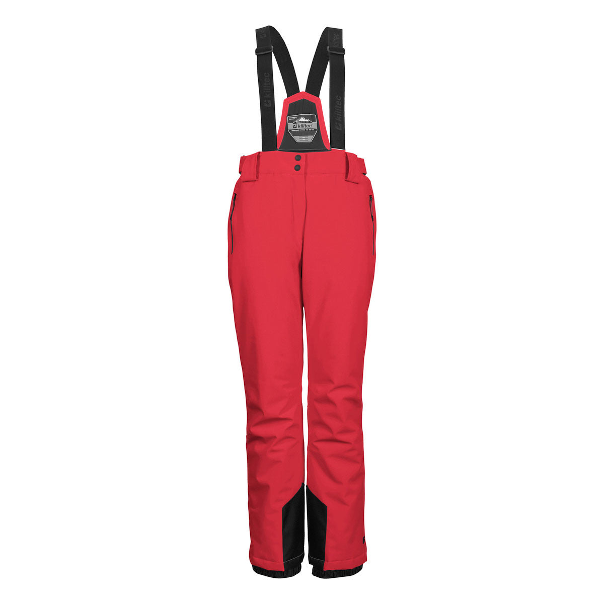 Killtec Women's Erielle Detachable Suspender Pant 2025 - Red snow pants with black detachable suspenders and a zippered pocket on the side.