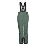 Killtec Women's Erielle Detachable Suspender Pant 2025 - A pair of green ski pants with black detachable suspenders and a zippered pocket on the side.