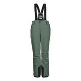 Killtec Women's Erielle Detachable Suspender Pant 2025 - A pair of green ski pants with black detachable suspenders and a zippered pocket on the side.