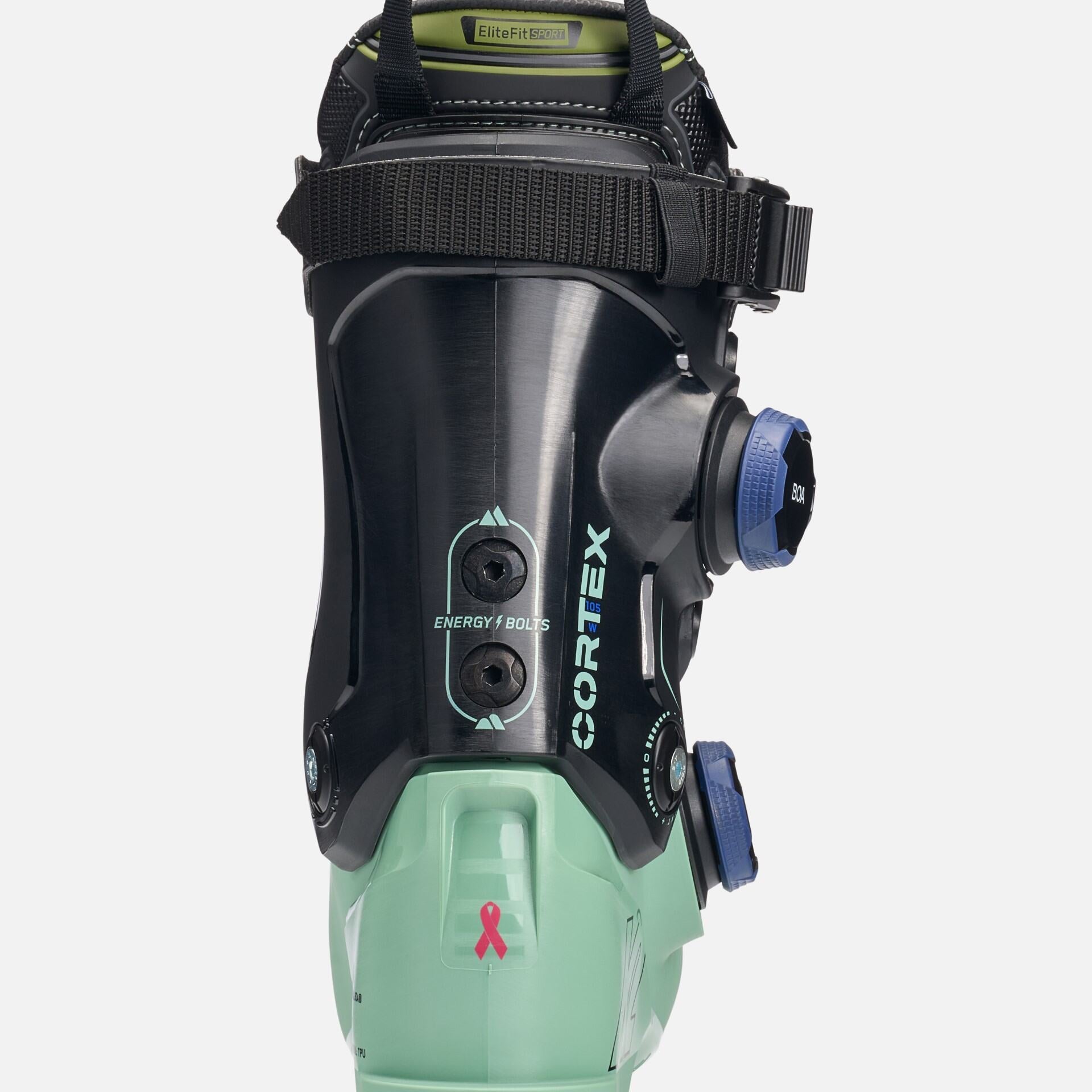 K2 Cortex 105 Zonal Boa women's ski boots feature a green and white design with visible adjustment dials.