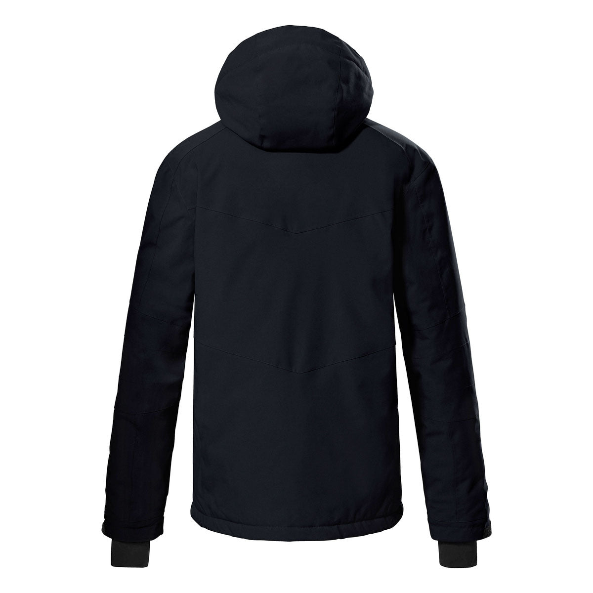 Killtec KSW 44 Insulated Jacket 2025 - A black insulated jacket with a hood, featuring two zippered pockets on the front and a zipper closure down the center.