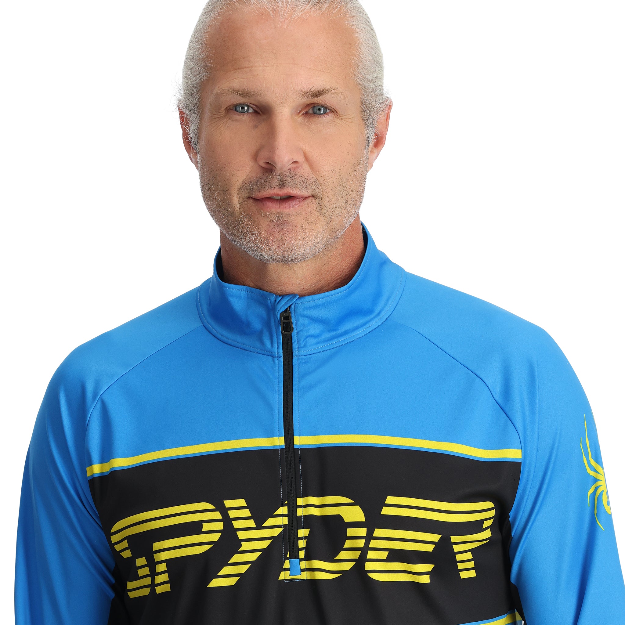 Spyder Men's Paramount 1/2 Zip Top 2025 - A blue and black zip-up top with a yellow logo on the chest.