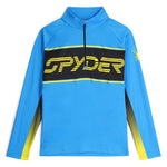 Spyder Men's Paramount 1/2 Zip Top 2025 - A blue top with a black zipper and yellow accents on the shoulders, chest, and sides.