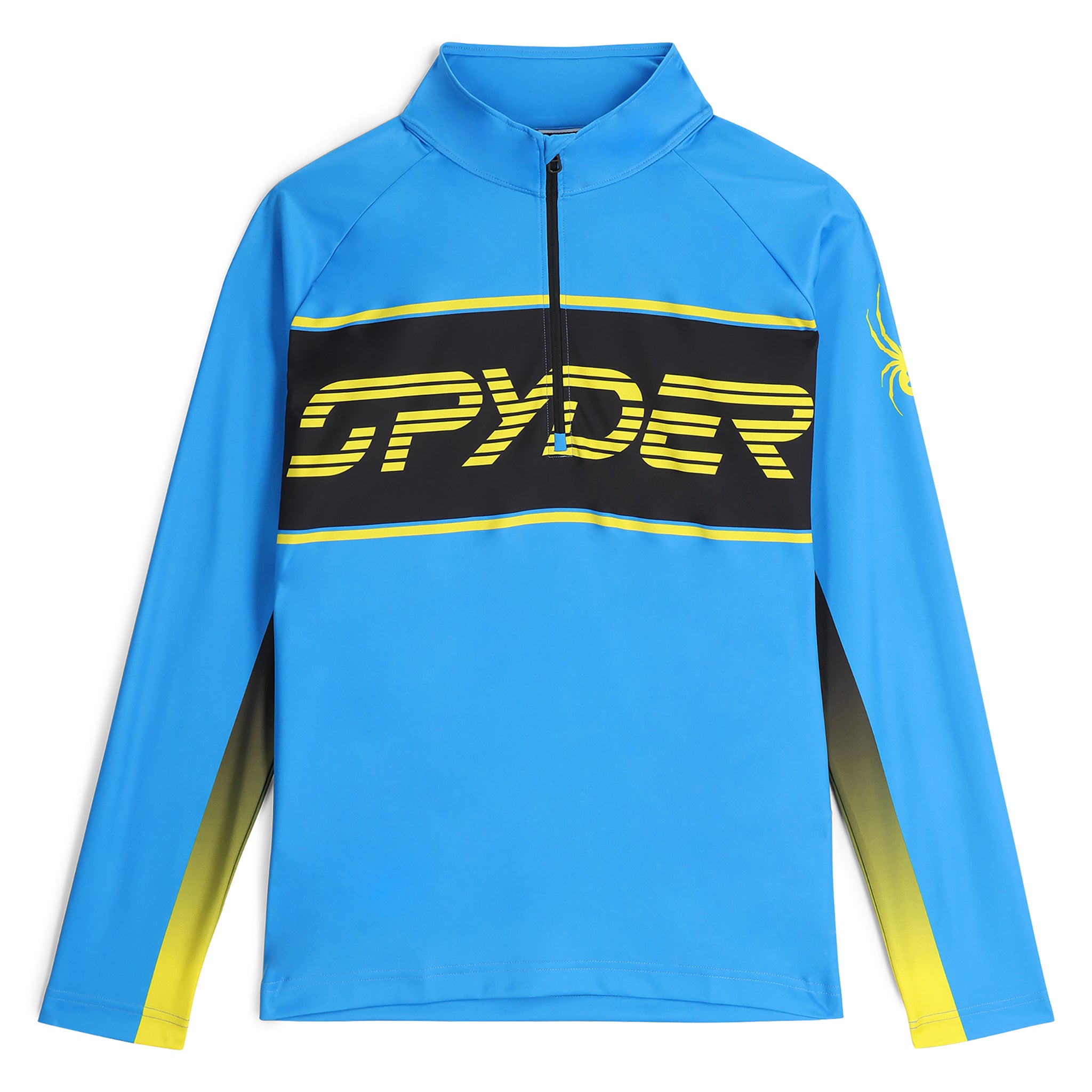 Spyder Men's Paramount 1/2 Zip Top 2025 - A blue top with a black zipper and yellow accents on the shoulders, chest, and sides.