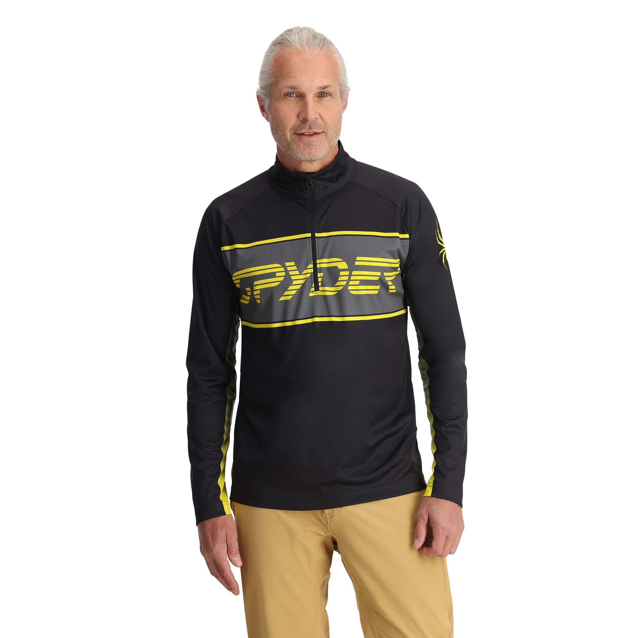 Spyder Men's Paramount 1/2 Zip Top - A black zip-up top with a yellow and grey logo on the chest, featuring a high collar and long sleeves.