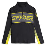 Spyder Men's Paramount 1/2 Zip Top 2025 - A black zip-up top with a high collar and yellow accents on the shoulders, chest, and zipper.