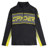 Spyder Men's Paramount 1/2 Zip Top 2025 - A black zip-up top with a high collar and yellow accents on the shoulders, chest, and zipper.