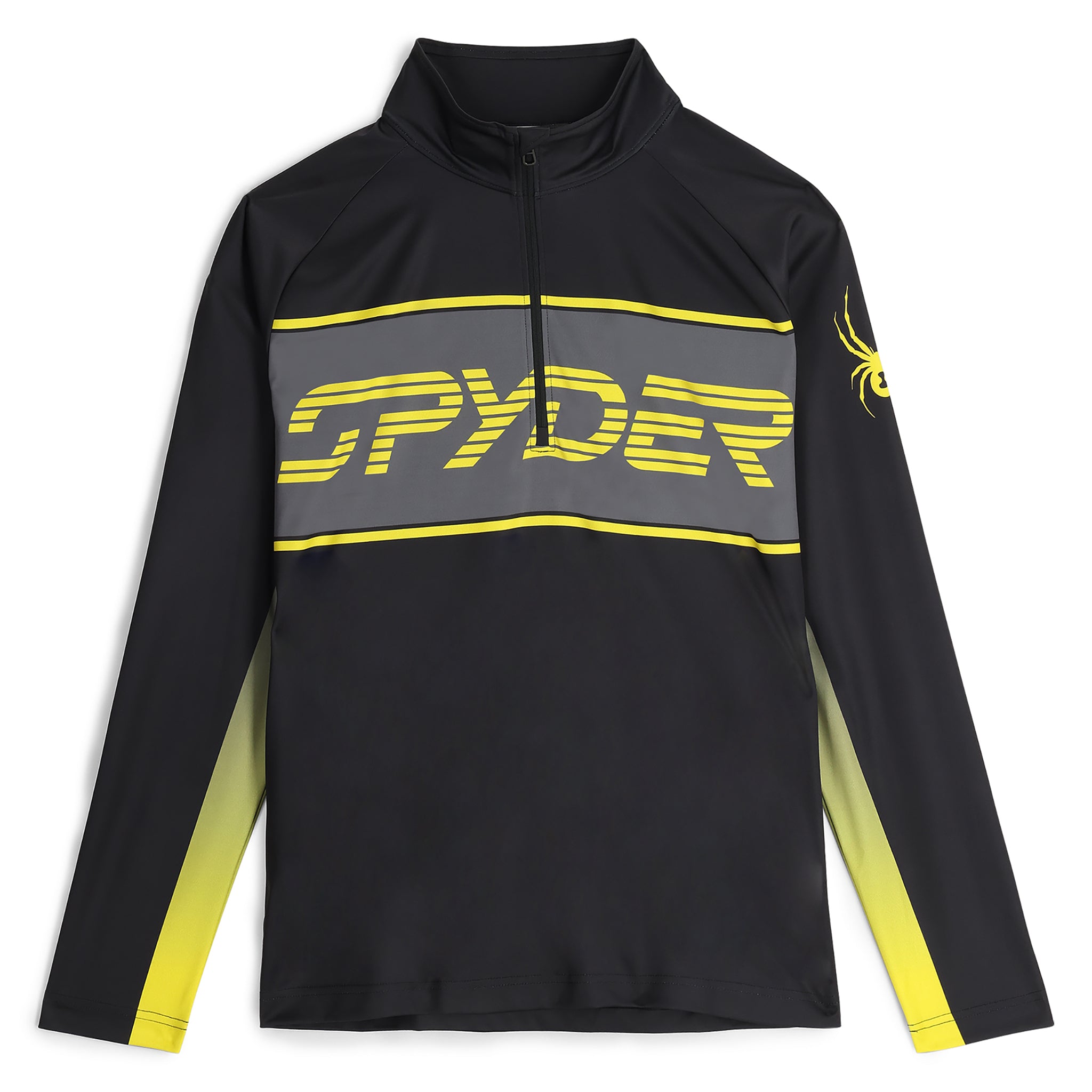 Spyder Men's Paramount 1/2 Zip Top 2025 - A black zip-up top with a high collar and yellow accents on the shoulders, chest, and zipper.