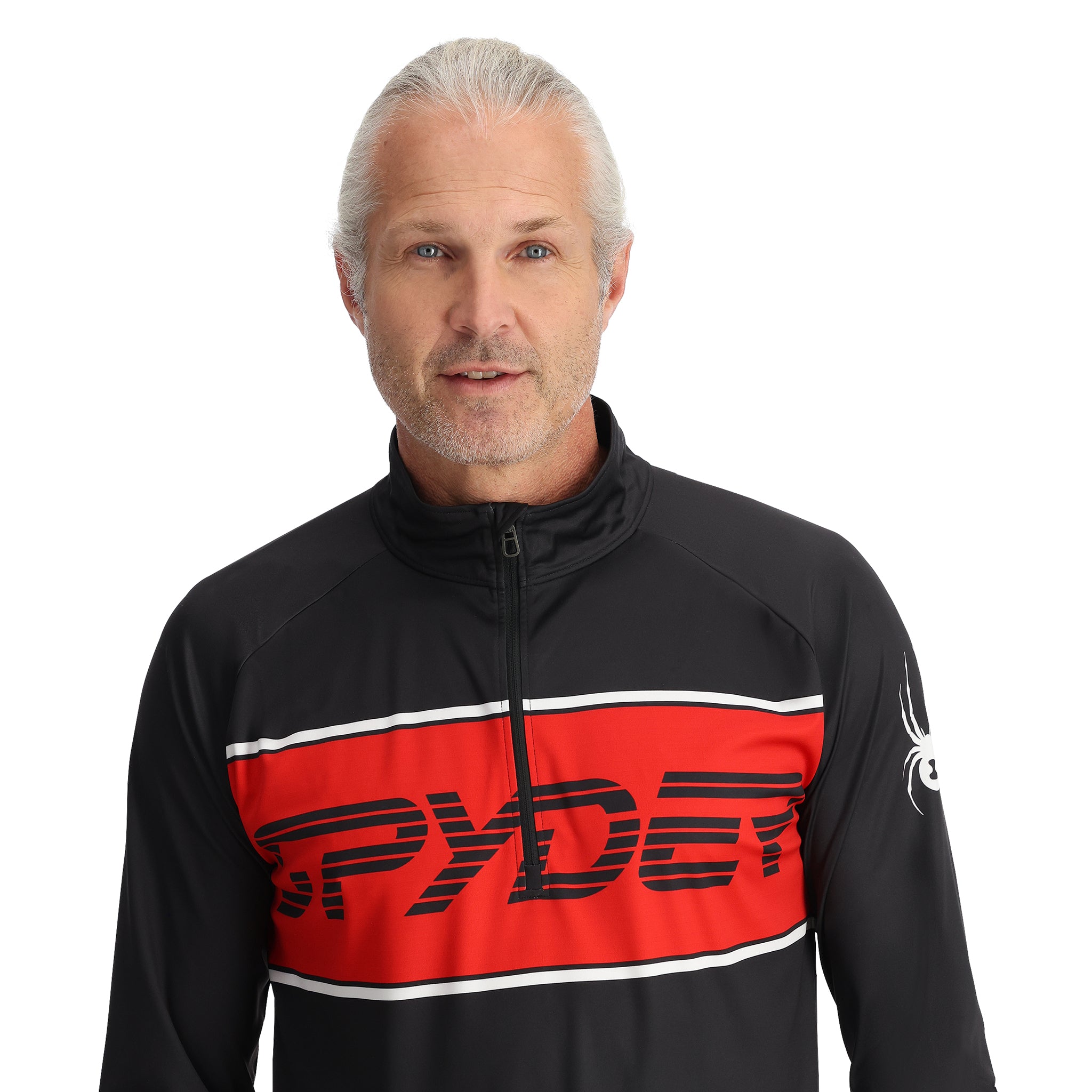 Spyder Men's Paramount 1/2 Zip Top 2025 - Black top with red and white stripes on chest, zip closure at neck.
