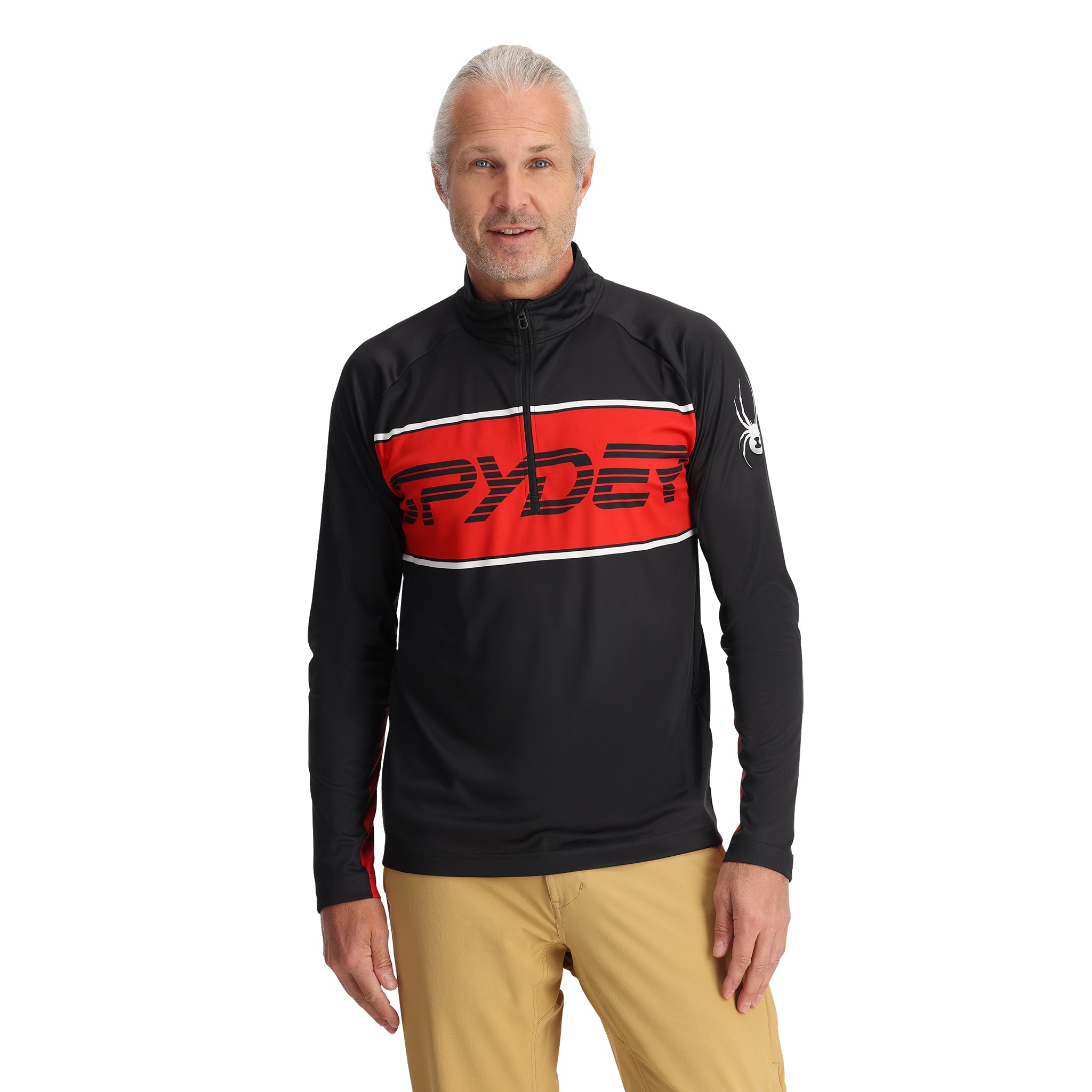 Spyder Men's Paramount 1/2 Zip Top - Black top with red and white stripe across chest, zip closure at neck.