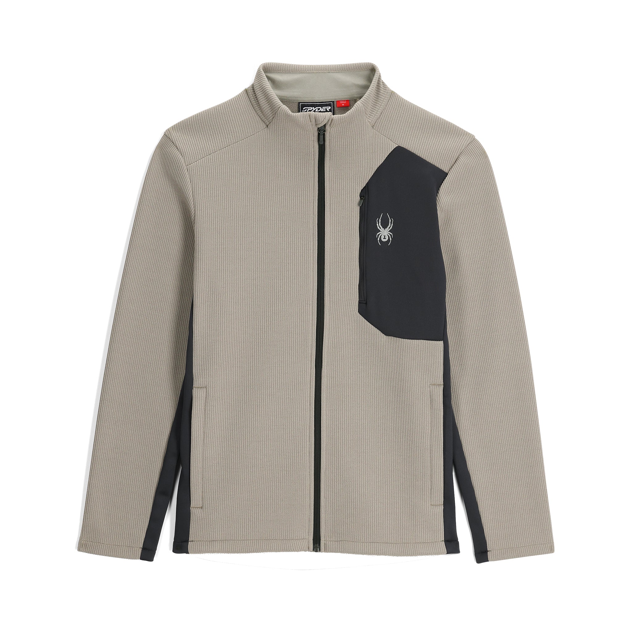 Spyder Men's Bandit Full-Zip Fleece Jacket 2025 - A black fleece jacket with a full zip and two side pockets, featuring a white spider logo on the left chest.