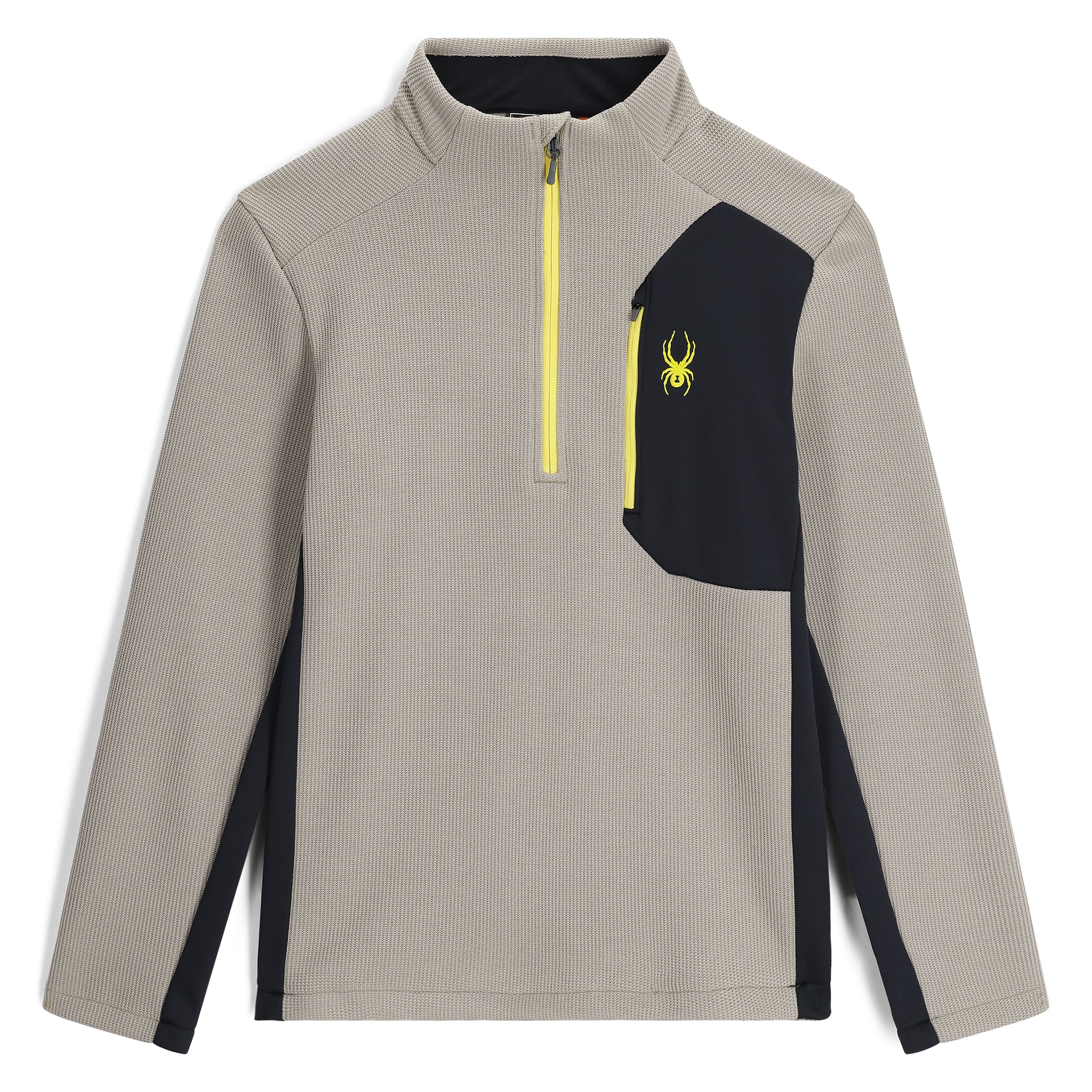 Spyder Men's Bandit 1/2 Zip Top - A black and grey top with a zippered front, featuring a small yellow logo on the left chest area.