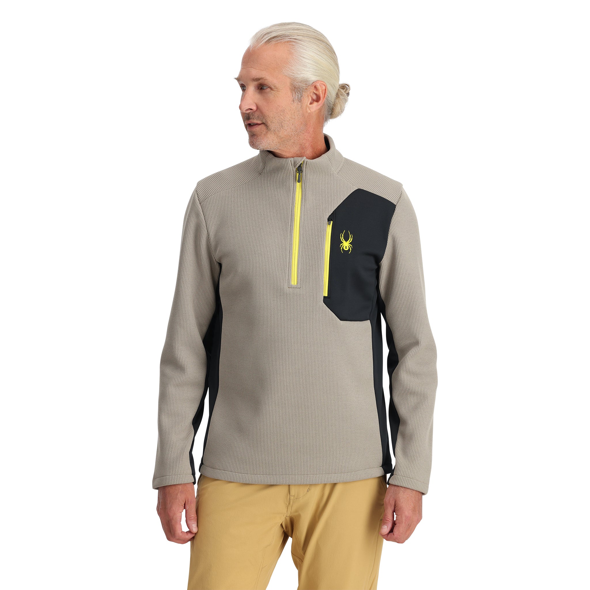 Spyder Men's Bandit 1/2 Zip Top - A gray top with a yellow zipper and black accents on the shoulders.