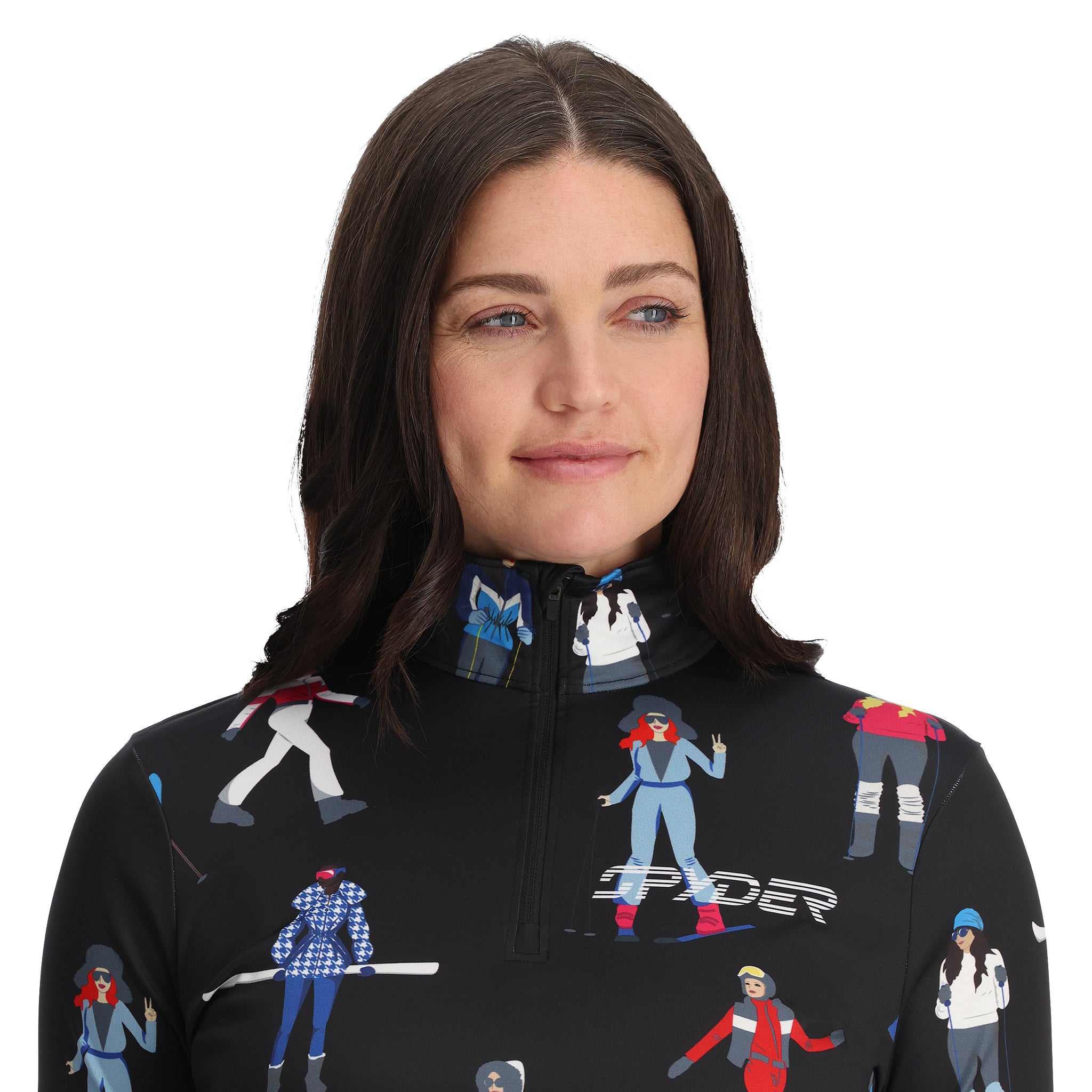 Spyder Women's March 1/2 Zip T-Neck 2025 - Black jacket with white and blue geometric pattern on chest, collar, and sleeves.