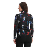 Spyder Women's March 1/2 Zip T-Neck 2025 - Black turtleneck with a blue and white checkered pattern on the chest.