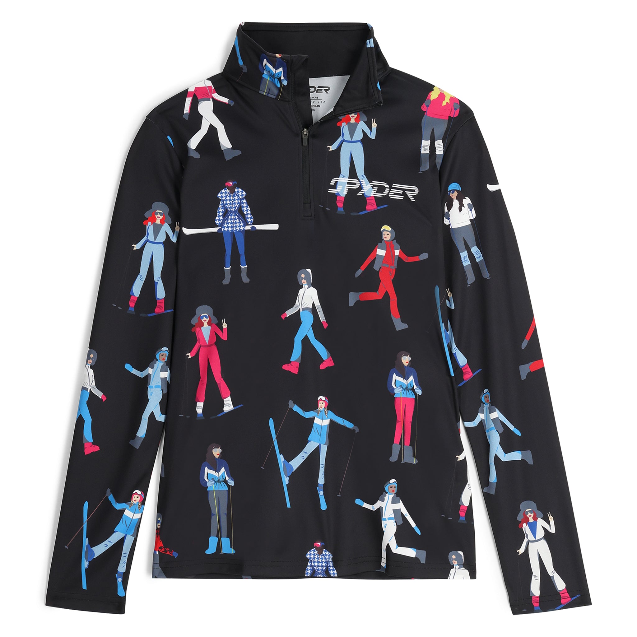 Spyder Women's March 1/2 Zip T-Neck 2025 - Black turtleneck sweater with white and blue plaid pattern.