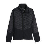 Spyder Women's Glissade Insulated Fleece Jacket - A black fleece jacket with a high collar and zippered pockets, featuring diagonal quilted lines on the chest and sleeves.