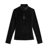 Spyder Women's Shimmer Bug 1/2 Zip Fleece 2025 - A black fleece top with a zipper down the front and a small embroidered bug on the chest.