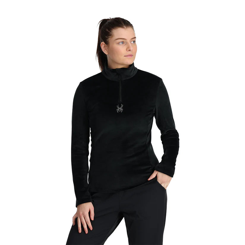 Spyder Women's Shimmer Bug 1/2 Zip Fleece 2025 - A black fleece jacket with a shimmering pattern on the chest and shoulders.