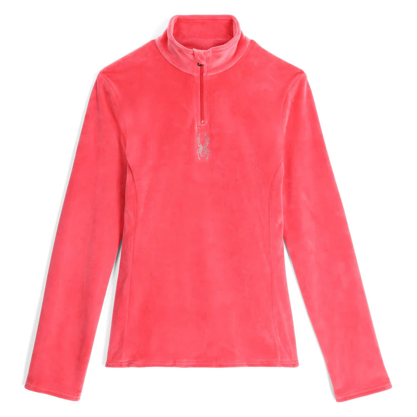 Spyder Women's Shimmer Bug 1/2 Zip Fleece 2025 - A coral-colored fleece pullover with a zipper and embroidered logo on the chest.
