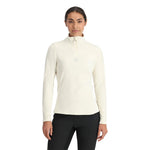 Spyder Women's Shimmer Bug 1/2 Zip Fleece 2025 - A woman wearing a white fleece top with a zipper and a small embroidered bug logo on the chest.