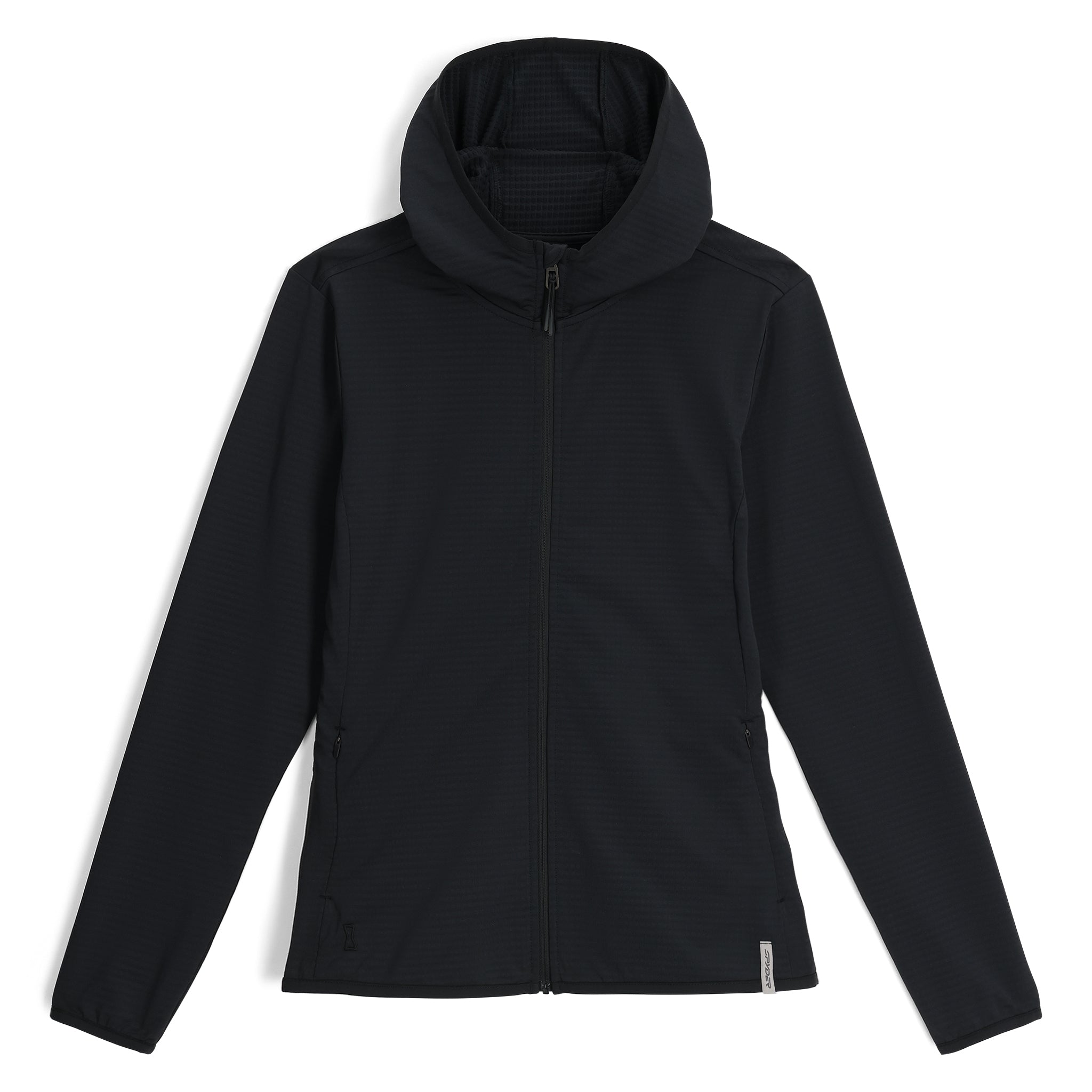 Spyder Women's Gridweb Fleece Hoodie 2025 - A black fleece hoodie with a hood and zipper closure.