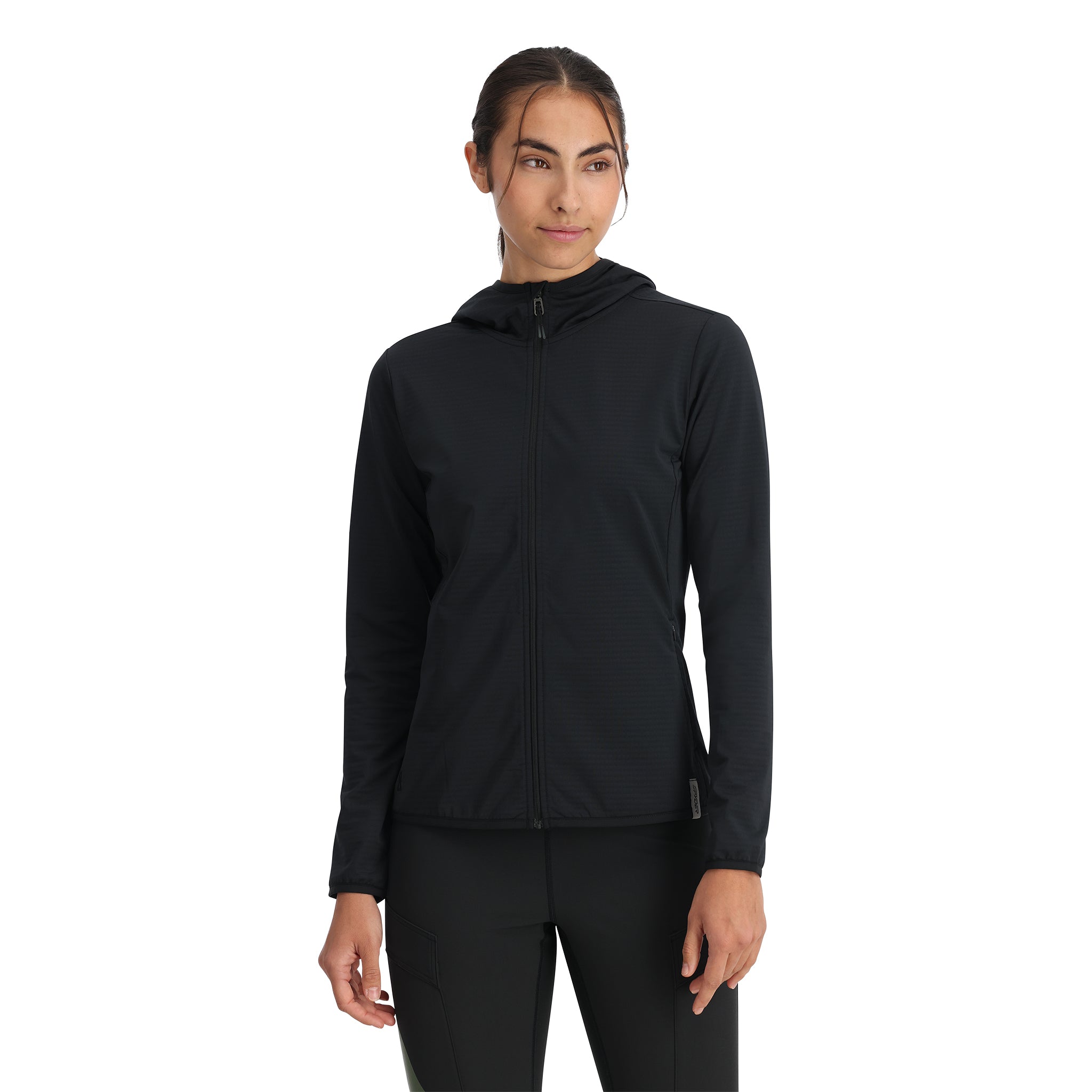 Spyder Women's Gridweb Fleece Hoodie 2025 - A black fleece hoodie with a hood and drawstring, featuring a grid pattern on the front.