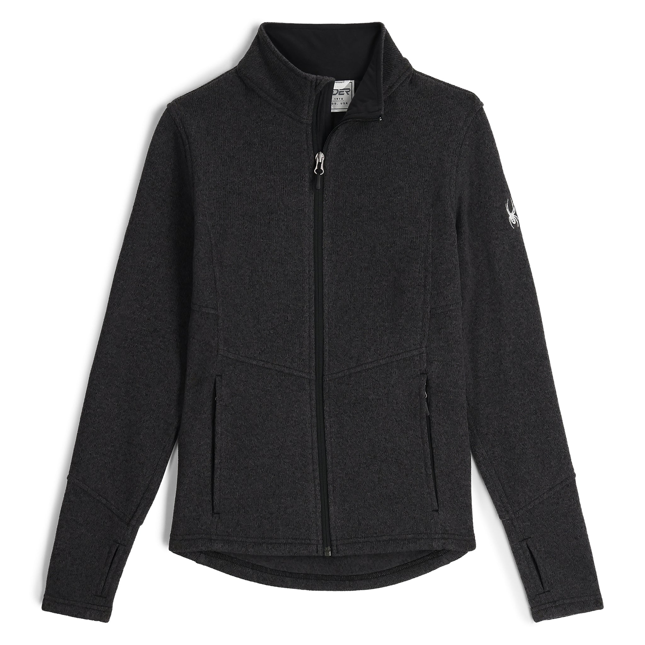 Spyder Women's Soar Full Zip Fleece Jacket 2025 - A dark gray fleece jacket with a zippered front and two side pockets.
