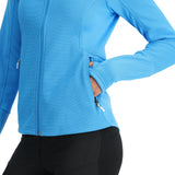 Spyder Women's Bandita Full-Zip Fleece Jacket 2025 - A light blue fleece jacket with a full zip and two side pockets, featuring a textured pattern on the sleeves.