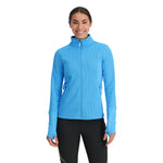 Spyder Women's Bandita Full-Zip Fleece Jacket 2025 - A light blue fleece jacket with a high collar and zippered pockets on either side.