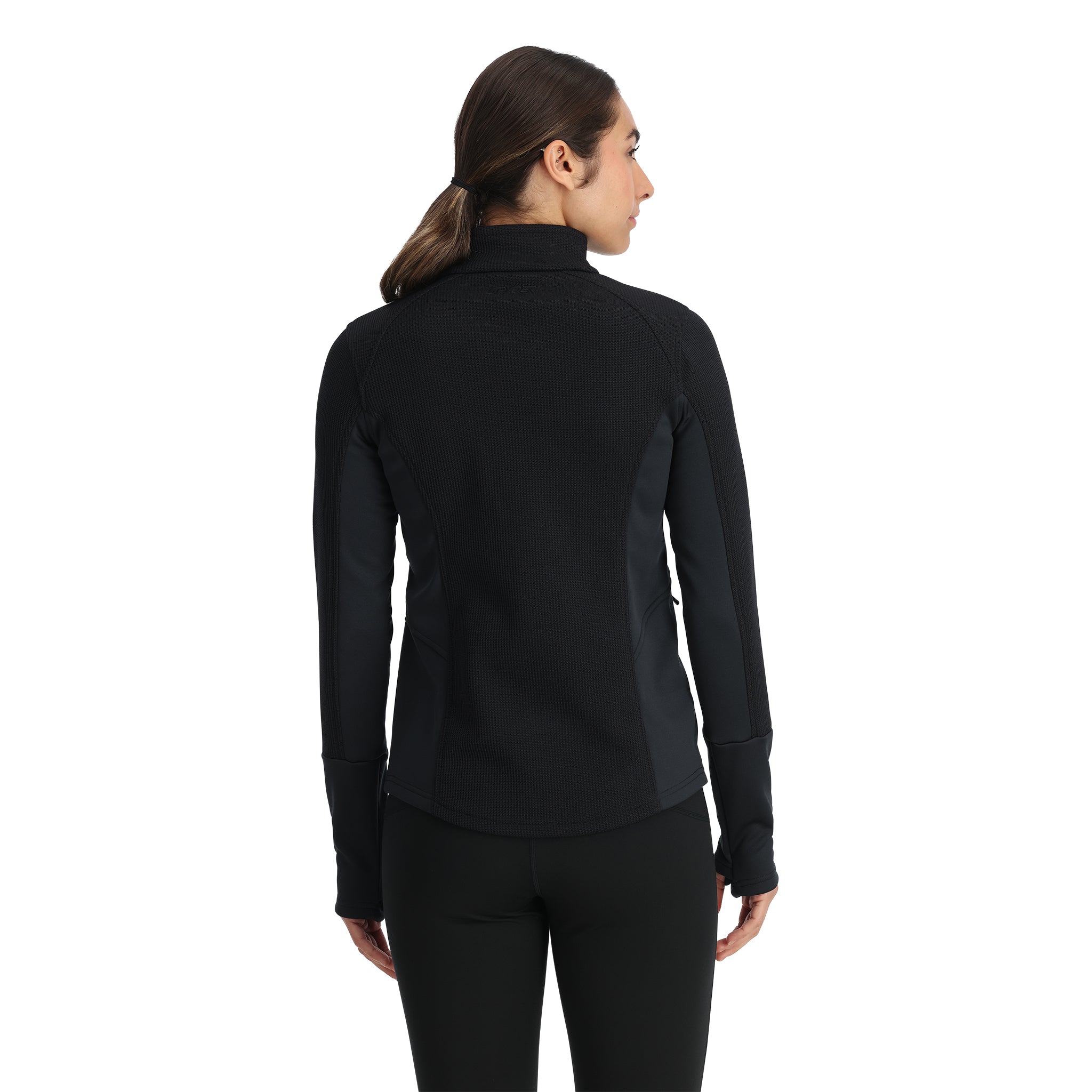 Spyder Women's Bandita Full-Zip Fleece Jacket 2025 - Black fleece jacket with zippered front and two side pockets.