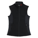 Spyder Women's Bandita Full-Zip Fleece Vest 2025 - A black fleece vest with a zippered front and two side pockets, featuring a red Spyder logo on the left chest.