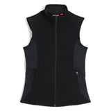 Spyder Women's Bandita Full-Zip Fleece Vest 2025 - A black fleece vest with a zippered front and two side pockets, featuring a red Spyder logo on the left chest.