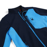 Spyder Youth Bandit Full-Zip Fleece Jacket 2025 - A navy blue fleece jacket with a full zip and two pockets on either side, featuring a black spider logo embroidered on the left chest.