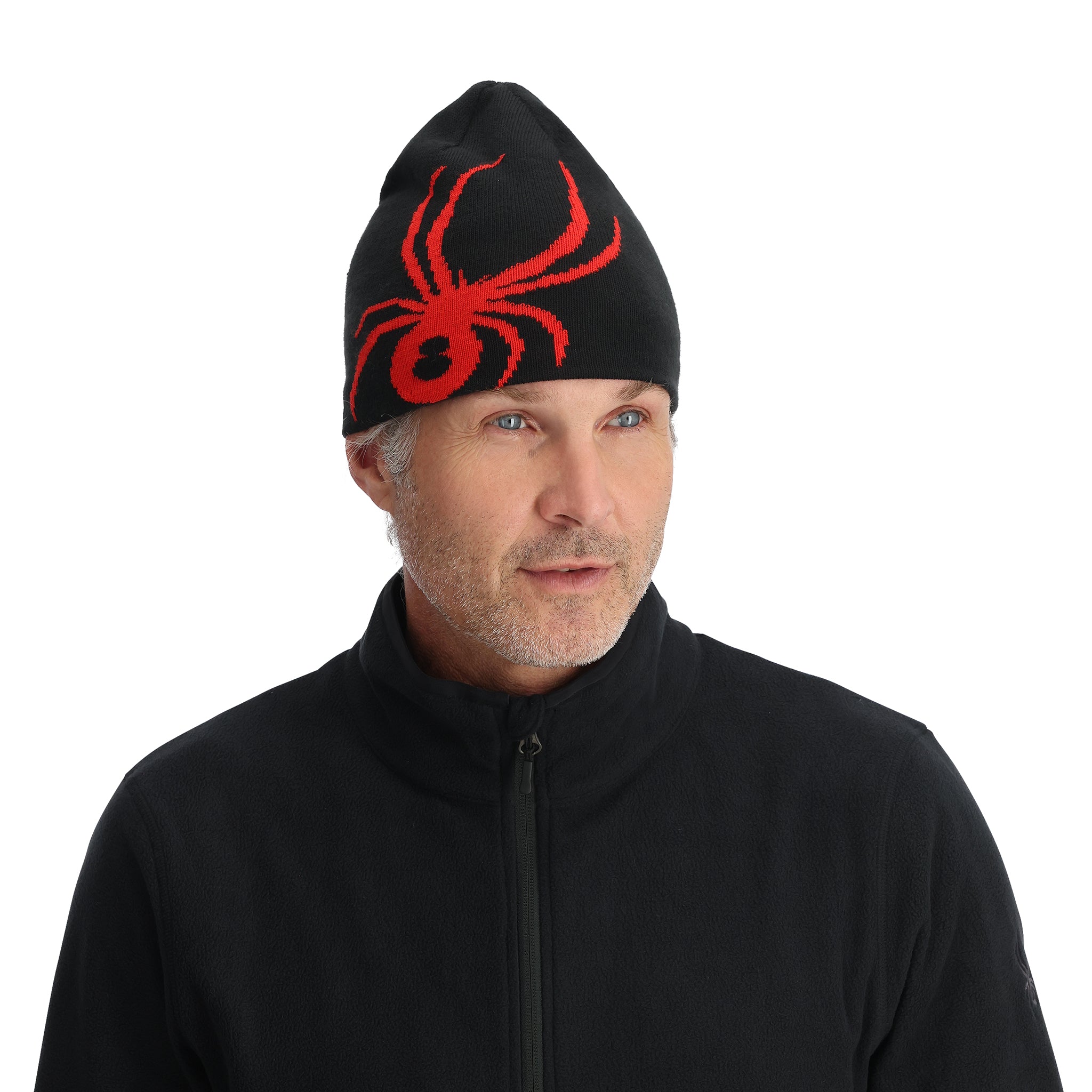 Spyder Men's Arachnid Beanie - A black beanie with a red spider design on the front.