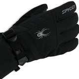 Spyder Women's Crucial Glove - A black glove with a white spider logo on the back of the hand, featuring a strap closure and a textured palm for grip.