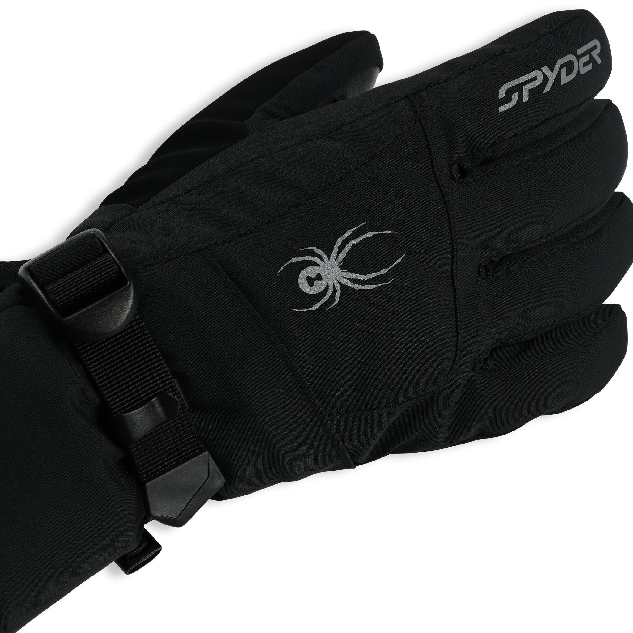 Spyder Women's Crucial Glove - A black glove with a white spider logo on the back of the hand, featuring a strap closure and a textured palm for grip.