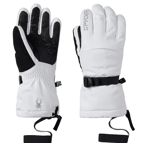 Women’s ski gloves in black and white with padded cuff and adjustable wrist strap