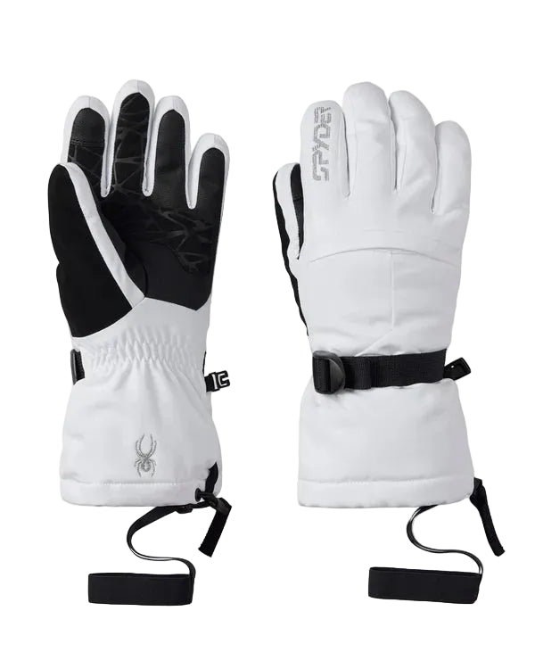 Women’s ski gloves in black and white with padded cuff and adjustable wrist strap