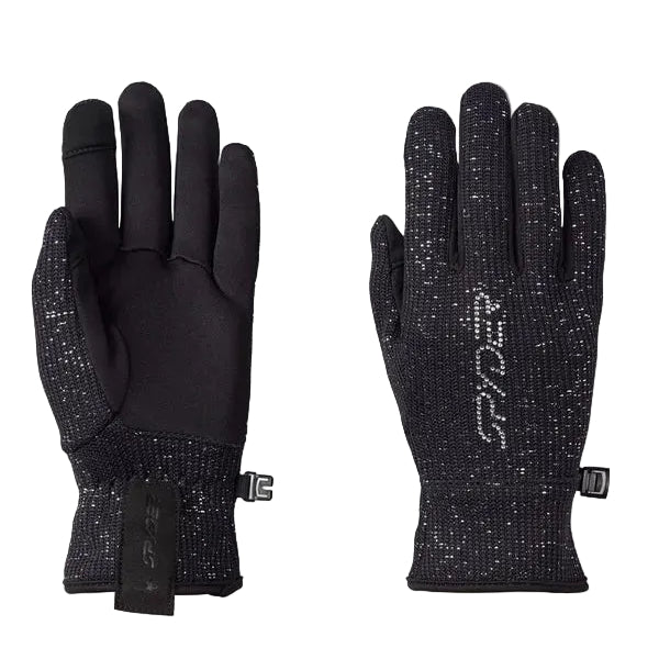 Women's fleece gloves, black speckle knit with black palm and cuff toggle