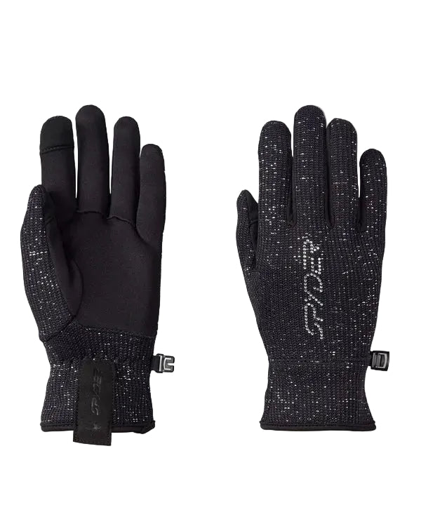 Women's fleece gloves, black speckle knit with black palm and cuff toggle