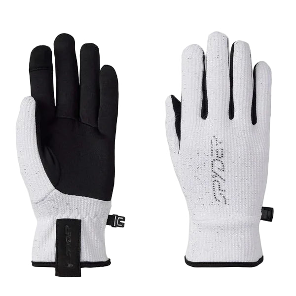 Women's fleece gloves, white speckle knit with black palm and cuff toggle