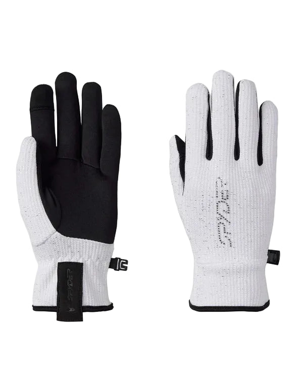 Women's fleece gloves, white speckle knit with black palm and cuff toggle