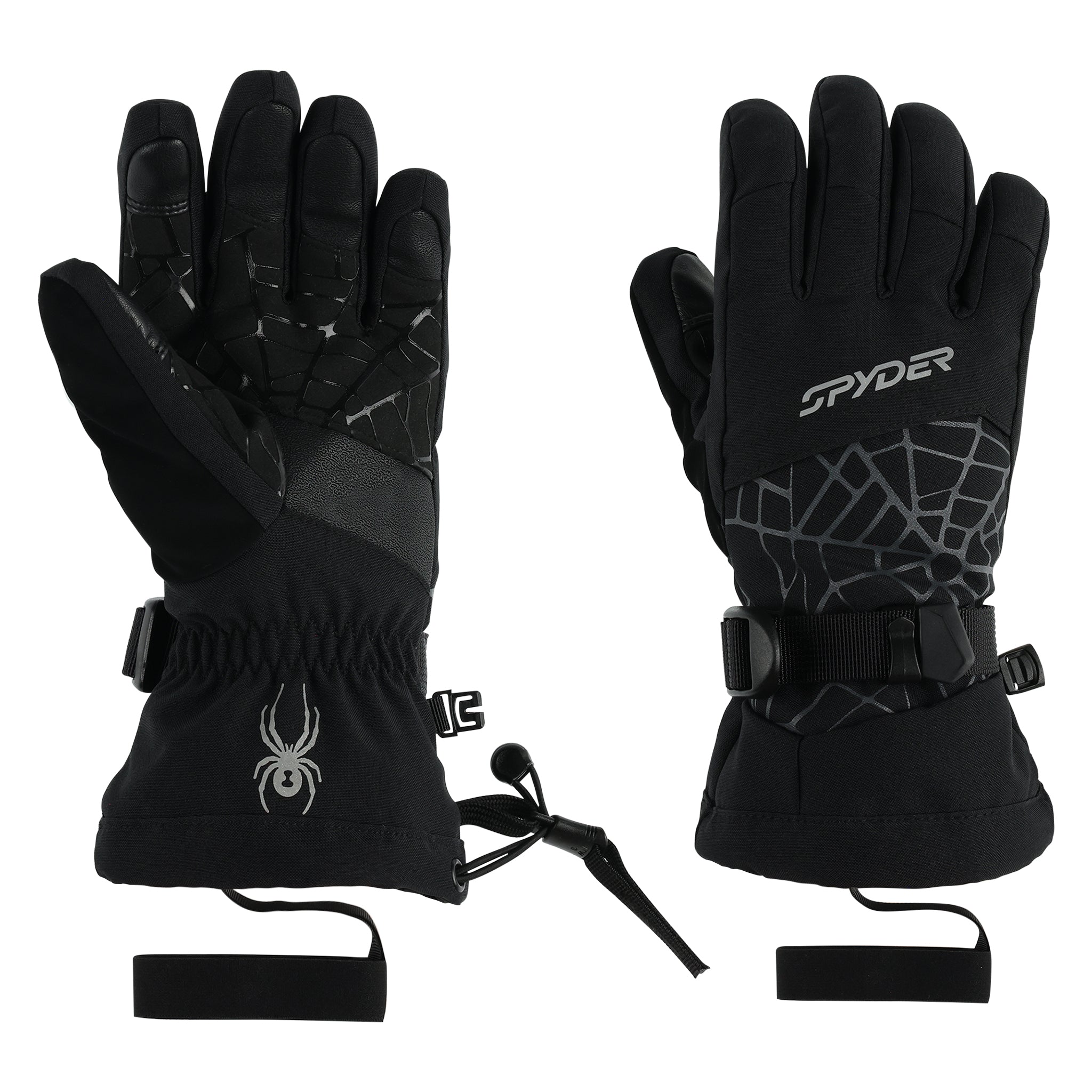 Spyder Boys' Overweb Glove 2025 - A black glove with a spider logo on the wrist and web pattern on the palm.