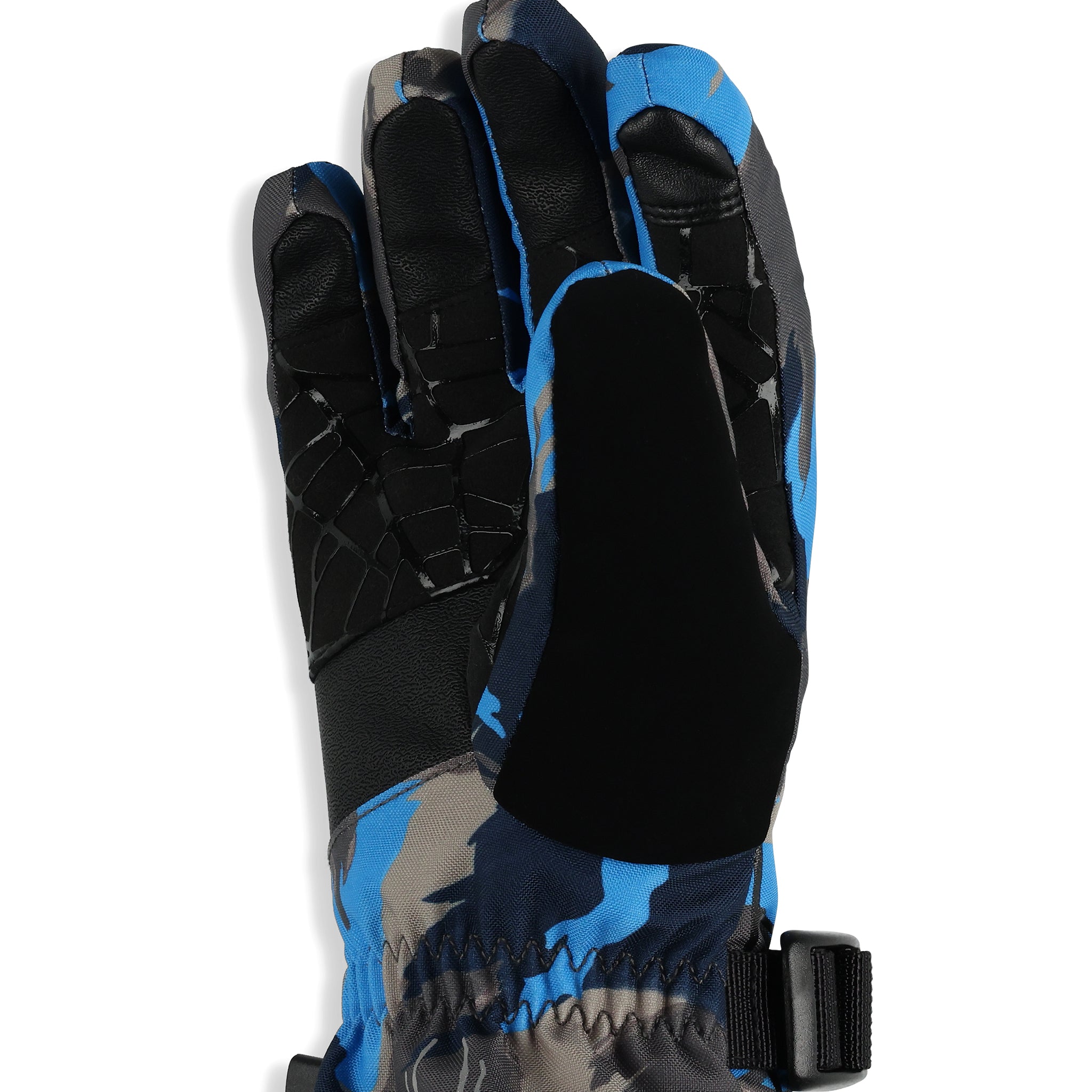 Spyder Boys' Overweb Glove - A black glove with a blue and grey camouflage pattern, featuring a strap on the wrist.