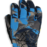 Spyder Boys' Overweb Glove 2025 - A blue and gray glove with a geometric pattern, featuring a black palm side and thumb.