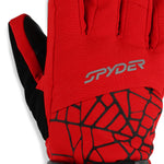 Spyder Boys' Overweb Glove - A red glove with a black web pattern on the palm and fingers, featuring a black strap at the wrist.
