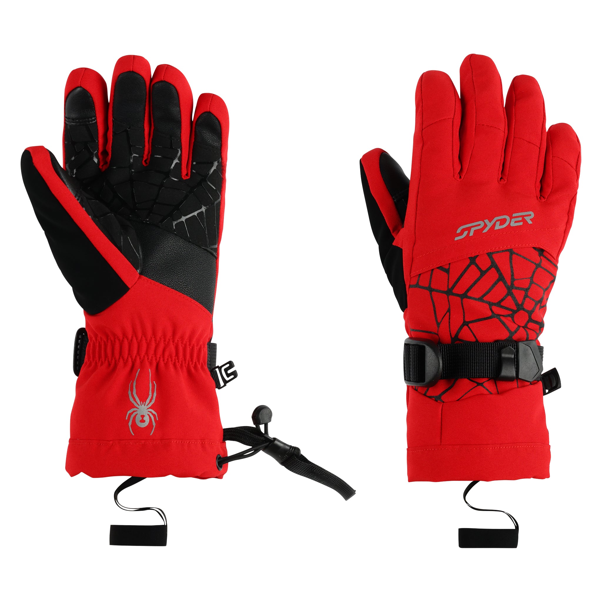 Spyder Boys' Overweb Glove - A red glove with a black web pattern on the back of the hand and fingers, featuring a black strap at the wrist.